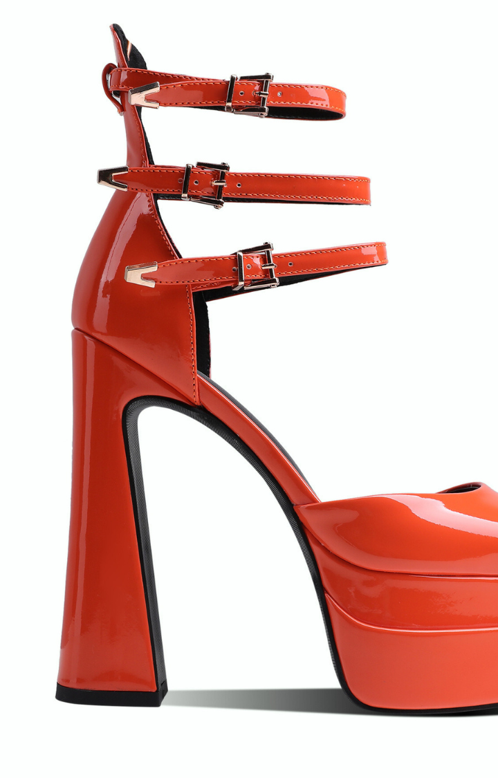 RIOT PATENT TRIPLE-STRAP PLATFORMS - HEATWAVE TANGERINE