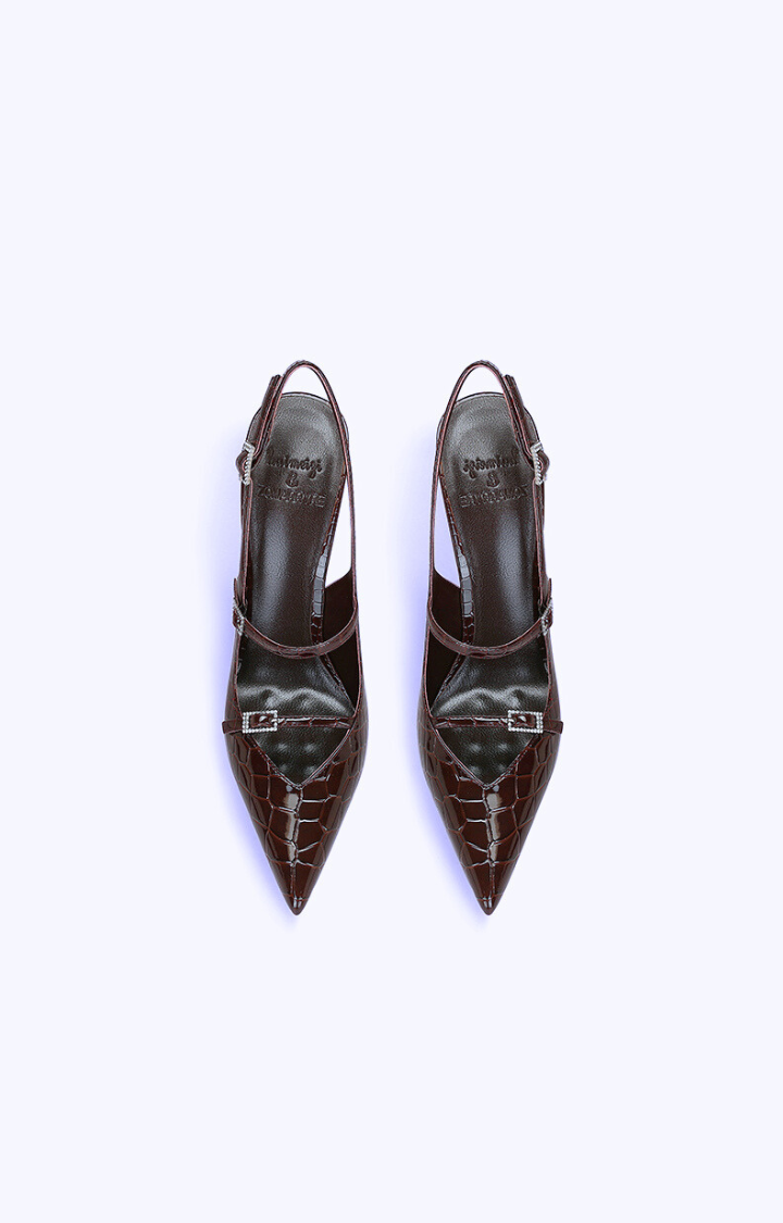 BROWN CROC PATENT STILETTO SLINGBACKS