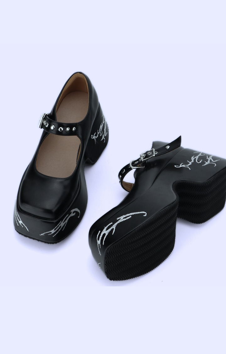 FLAME-STITCHED MARY JANES – INK COWHIDE