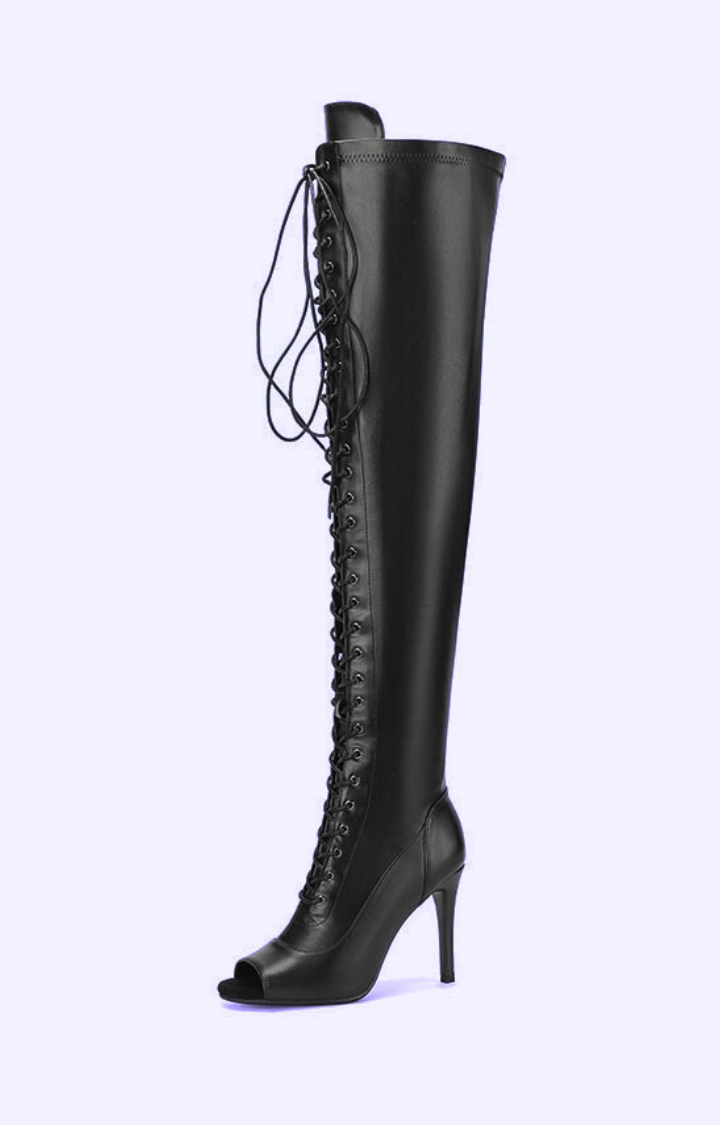 HIGH LACE DRAMA PEEP-TOE THIGH-HIGH BOOTS IN SHADOW NOIR
