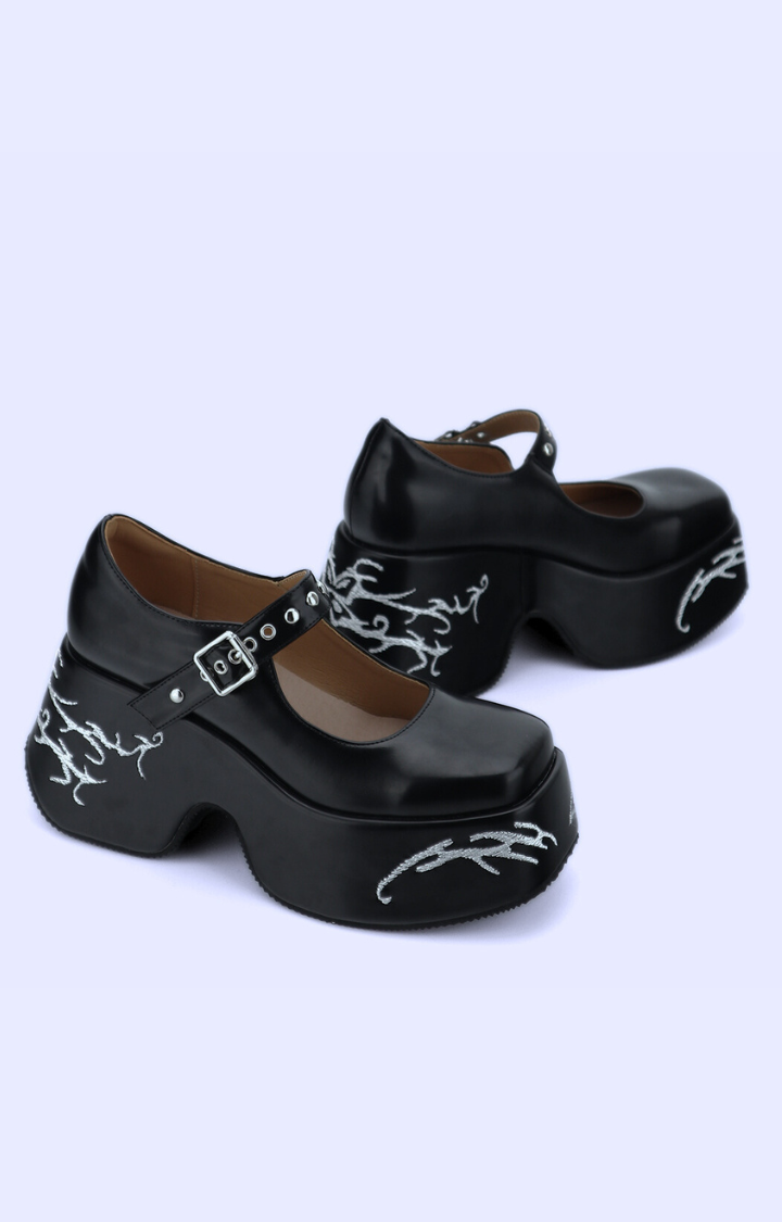 FLAME-STITCHED MARY JANES – INK COWHIDE