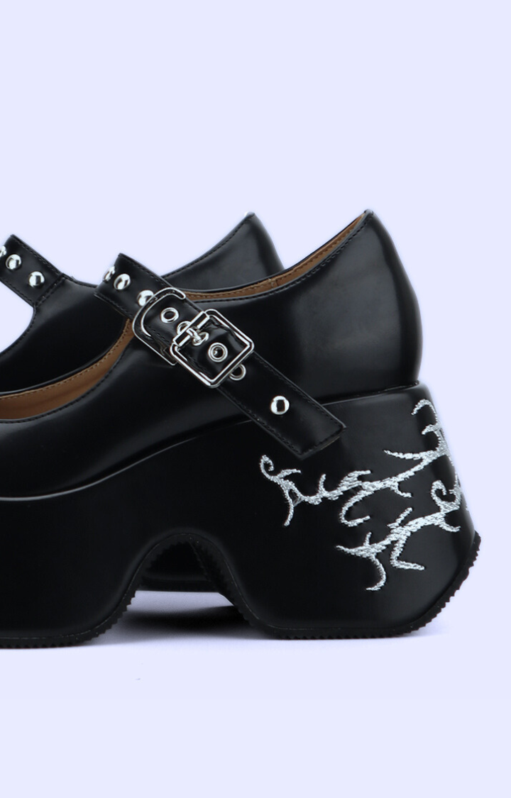 FLAME-STITCHED MARY JANES – INK COWHIDE