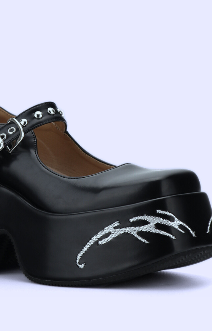 FLAME-STITCHED MARY JANES – INK COWHIDE