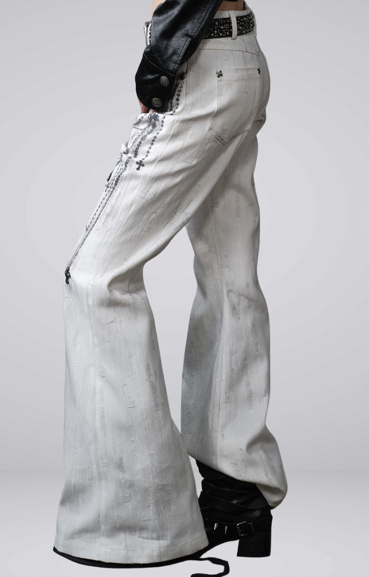 CHAIN GRAFFITI FLARED WIDE-LEG JEANS IN DIRTY WHITE