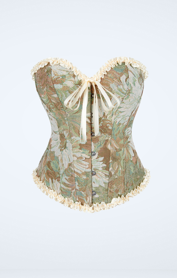 OIL GARDEN RUCHE CORSET TOP IN GREEN TAPESTRY