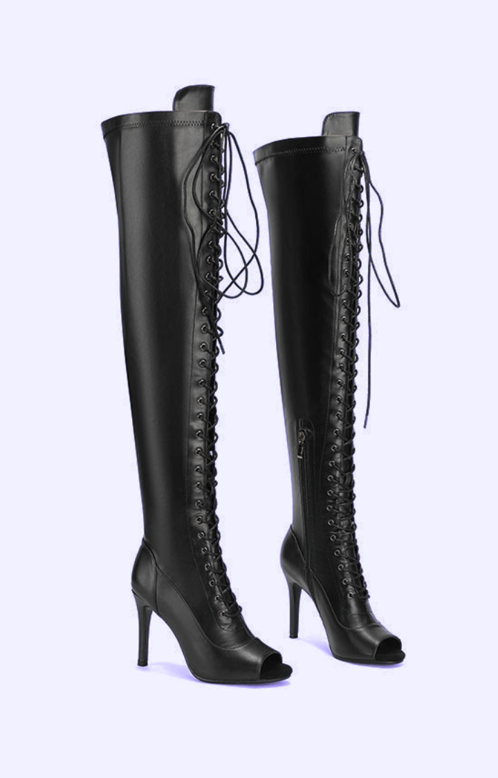 HIGH LACE DRAMA PEEP-TOE THIGH-HIGH BOOTS IN SHADOW NOIR