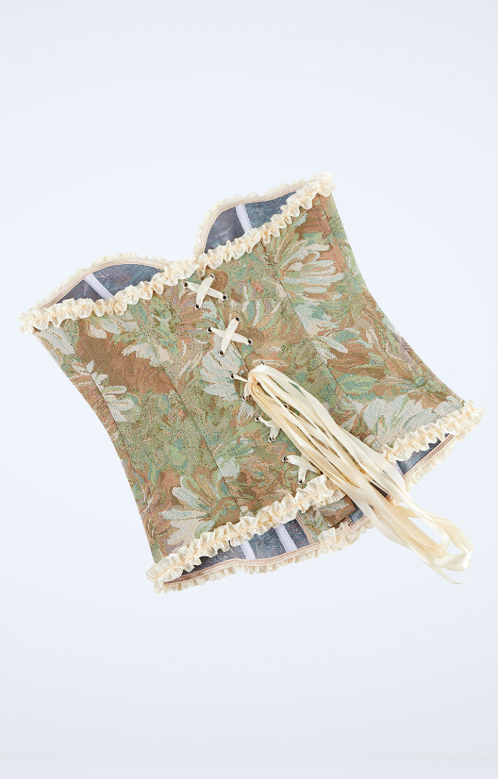 OIL GARDEN RUCHE CORSET TOP IN GREEN TAPESTRY
