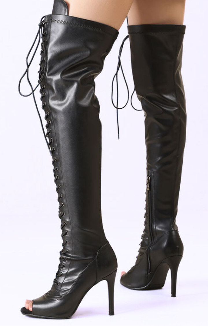 HIGH LACE DRAMA PEEP-TOE THIGH-HIGH BOOTS IN SHADOW NOIR
