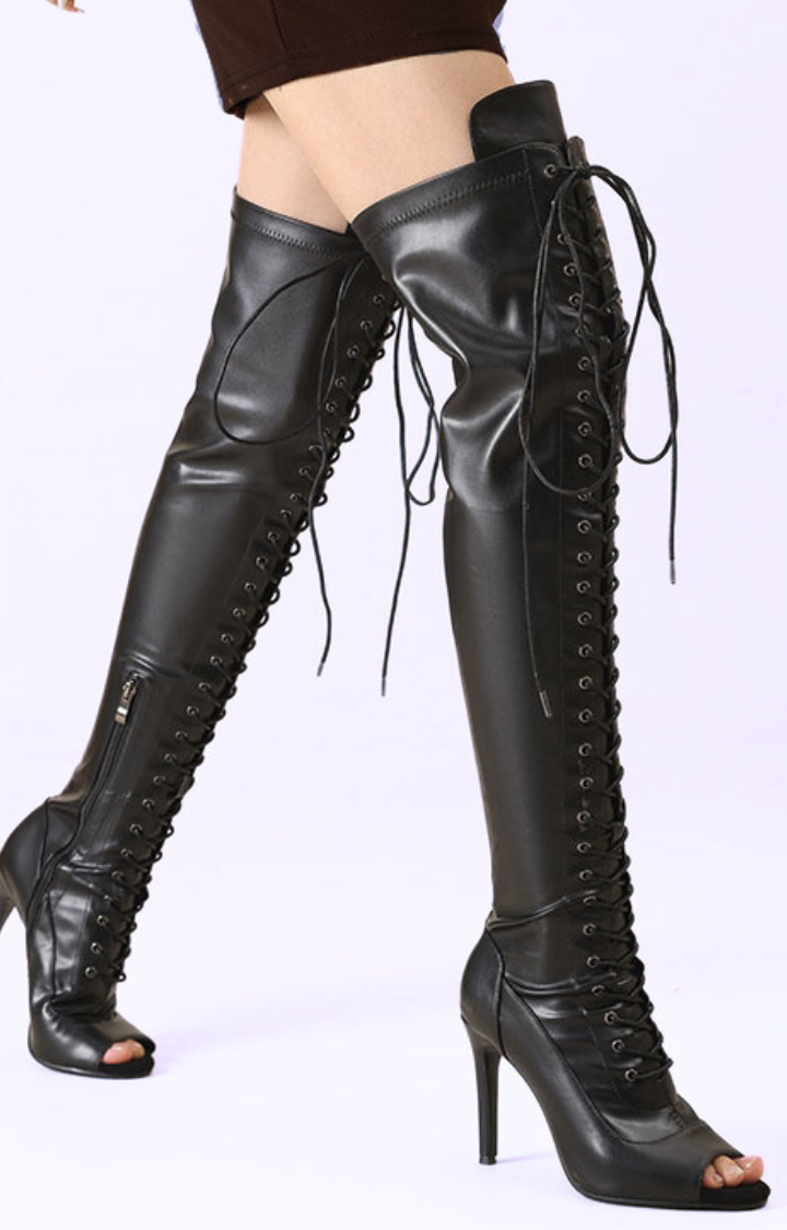 HIGH LACE DRAMA PEEP-TOE THIGH-HIGH BOOTS IN SHADOW NOIR