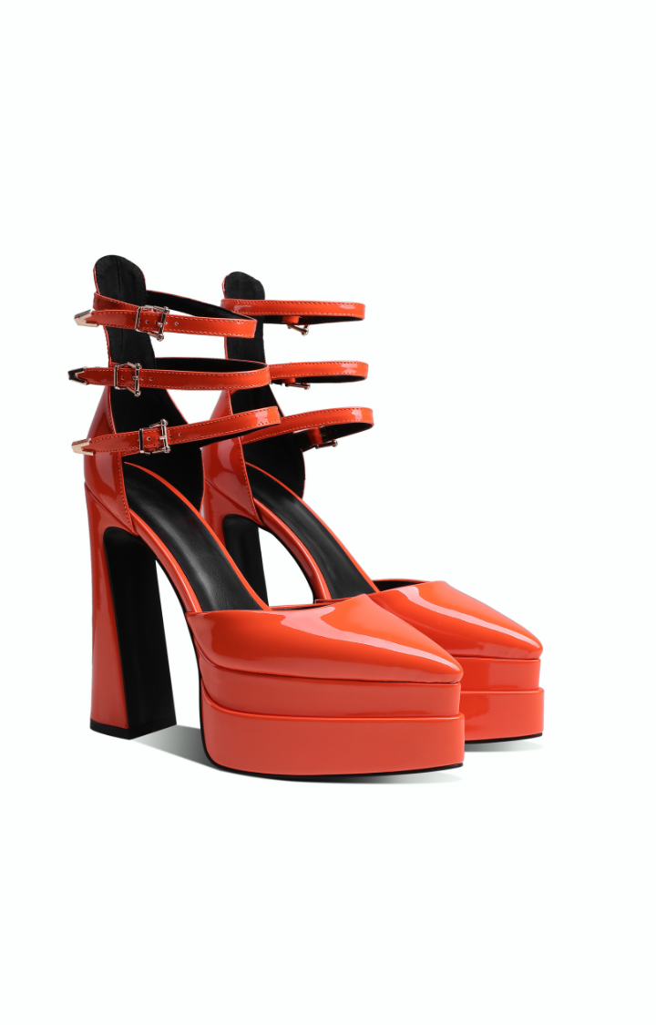 RIOT PATENT TRIPLE-STRAP PLATFORMS - HEATWAVE TANGERINE