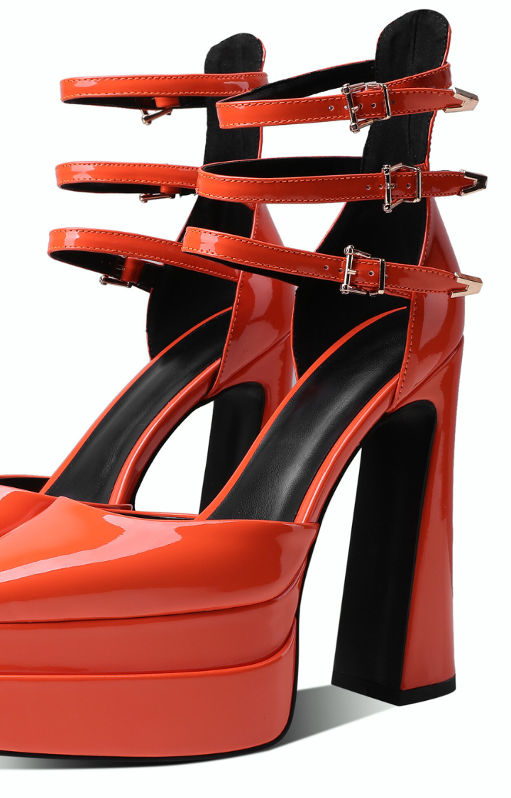RIOT PATENT TRIPLE-STRAP PLATFORMS - HEATWAVE TANGERINE