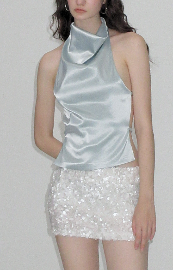 LIQUID INTENTION HALTER TOP IN FROSTED SKY