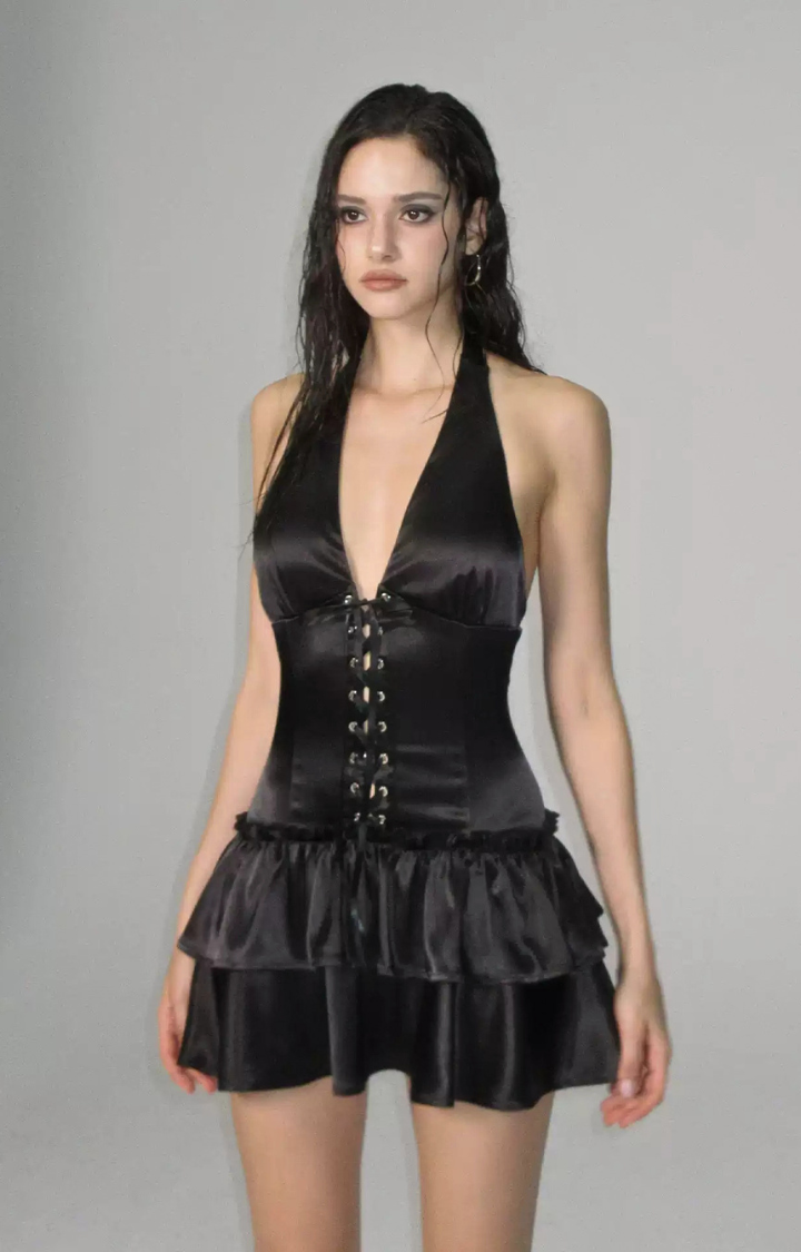 SATIN SINNER HALTER MINI DRESS