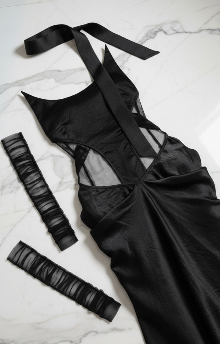 TWILIGHT VEINS MESH-CUT MAXI DRESS IN BLACK WIDOW NIGHT
