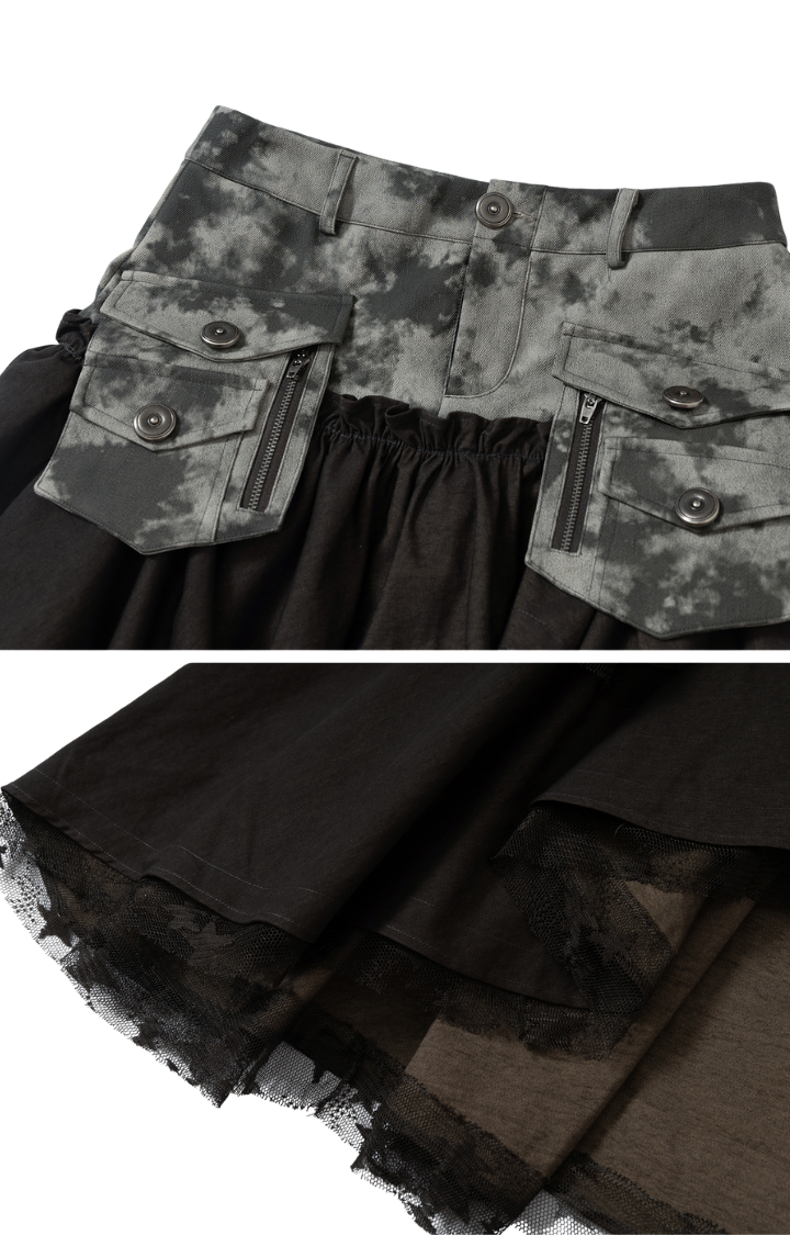 SPLICED CARGO CAKE SKIRT IN DENIM BLACK & ARMY GREEN