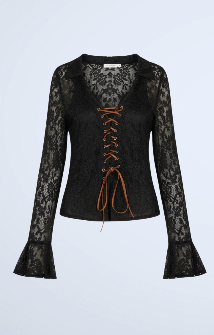 VELVET RUIN LACE-UP GOTHIC BLOUSE IN BLACK