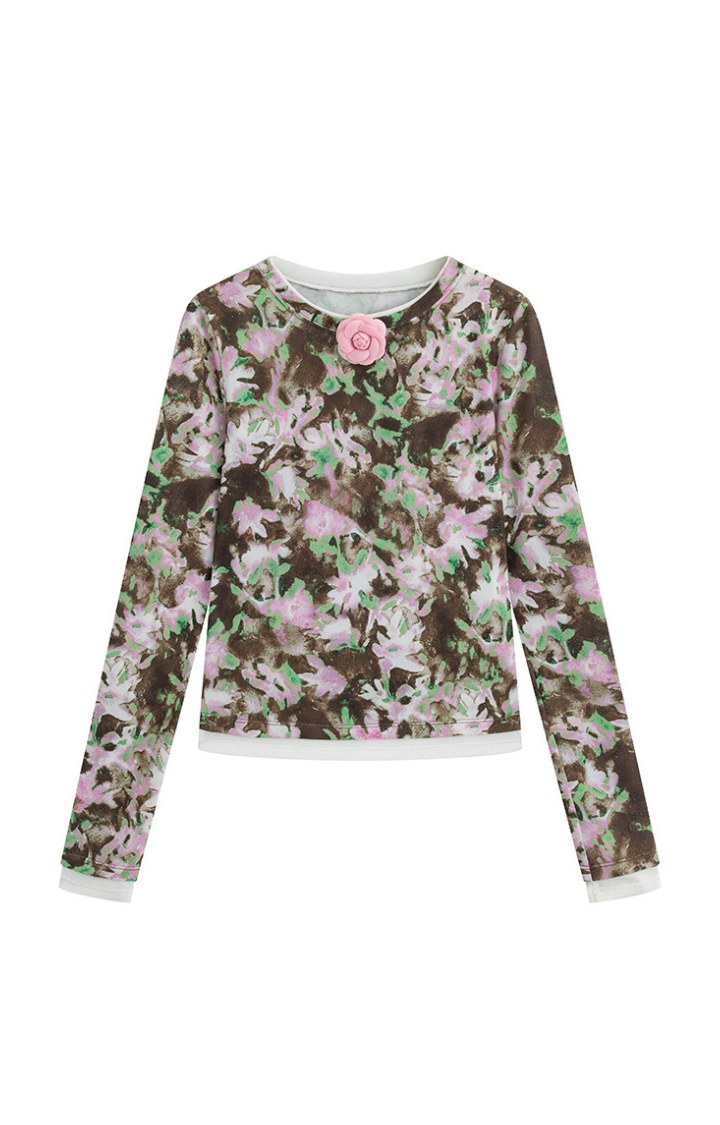 PRINTED FAUX-LAYER LONGSLEEVE TOP IN NCHANTED ROSE GARDEN