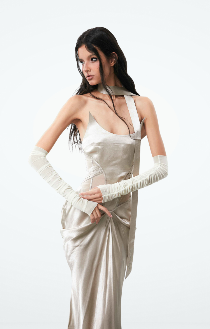 TWILIGHT VEINS MESH-CUT MAXI DRESS IN CHAMPAGNE HALO
