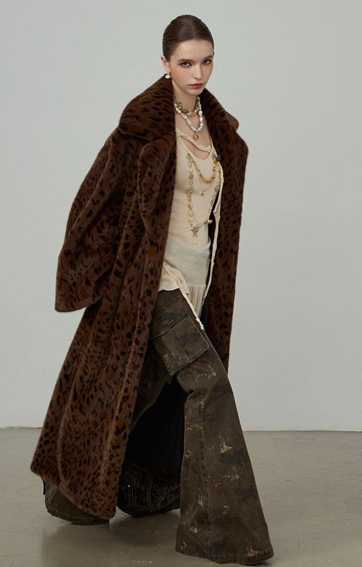 WILD GRACE LEOPARD FAUX FUR MAXI COAT IN BROWN LEOPARD