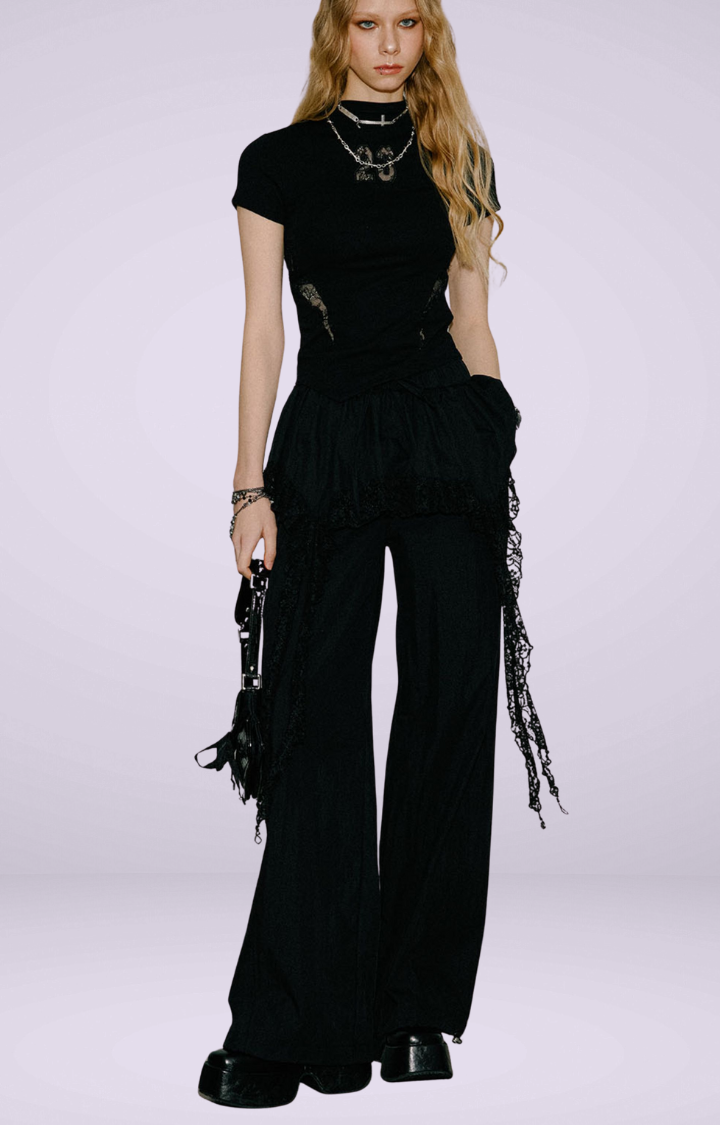 LACE TIERED SKIRT CARGO PANTS IN GOTHIC REBEL LACE