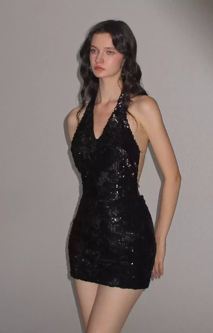 MIDNIGHT VEIL HALTER MINI DRESS