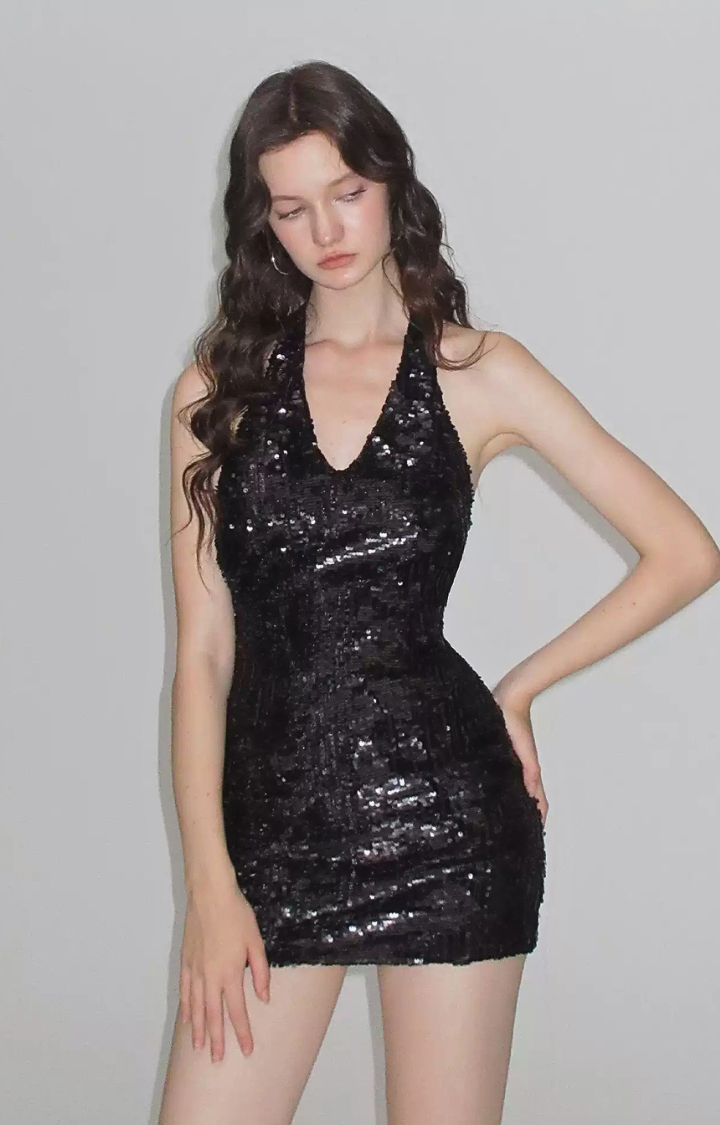 MIDNIGHT VEIL HALTER MINI DRESS
