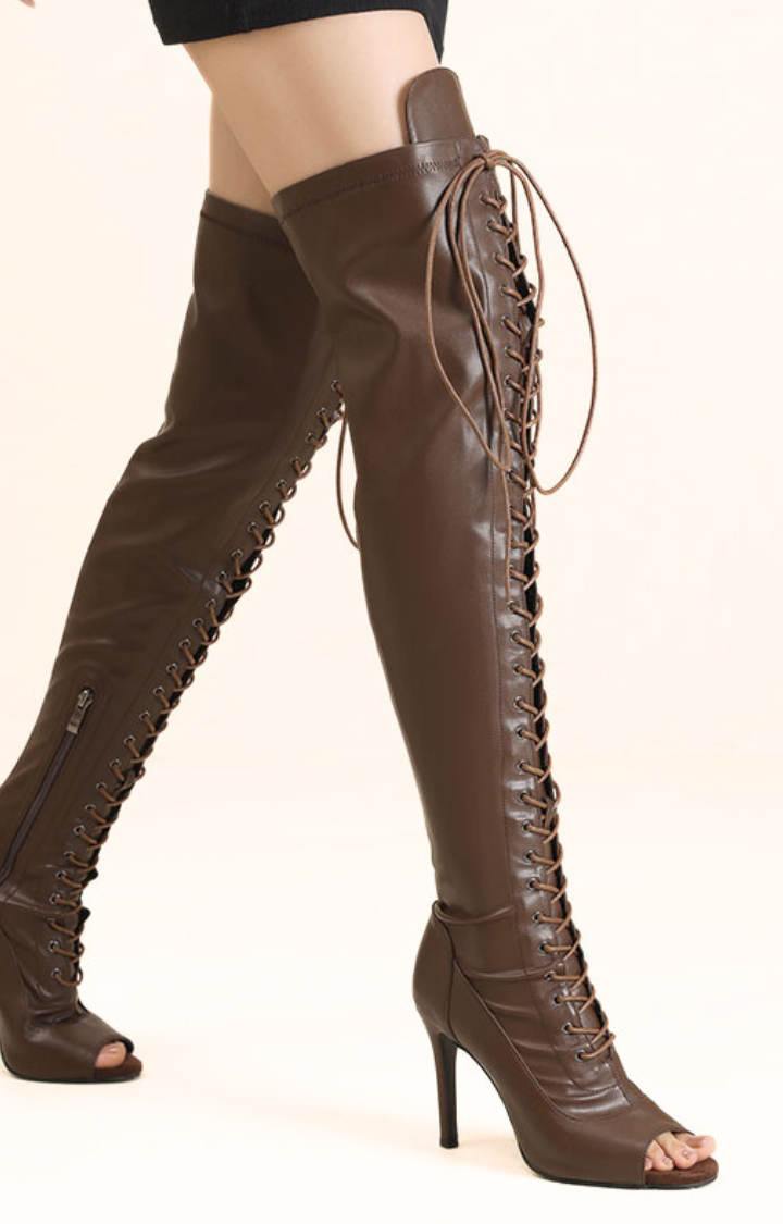 HIGH LACE DRAMA PEEP-TOE THIGH-HIGH BOOTS IN COCOA DUST