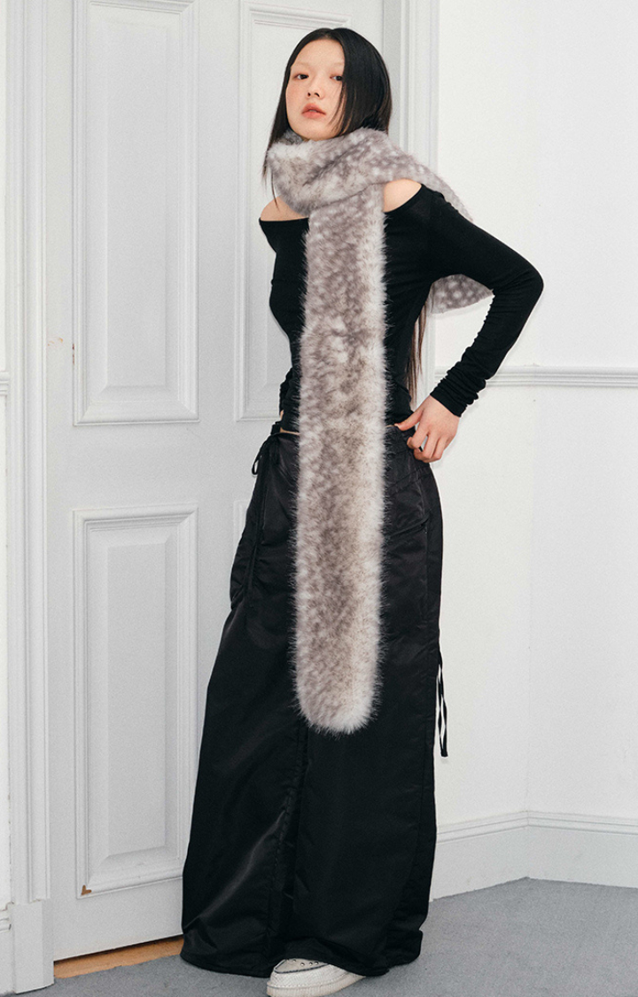 ETHEREAL FADE FAUX FUR LONG SCARF IN ASH TAUPE