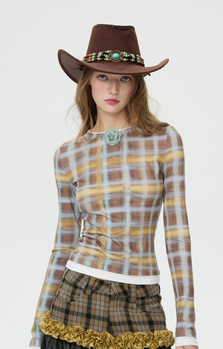 PRINTED FAUX-LAYER LONGSLEEVE TOP IN HONEY-MAPLE CHECK