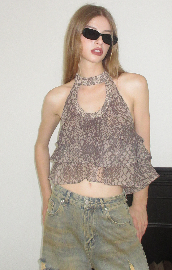 SNAKE PATTERN LAYERED RUFFLE CROP TOP