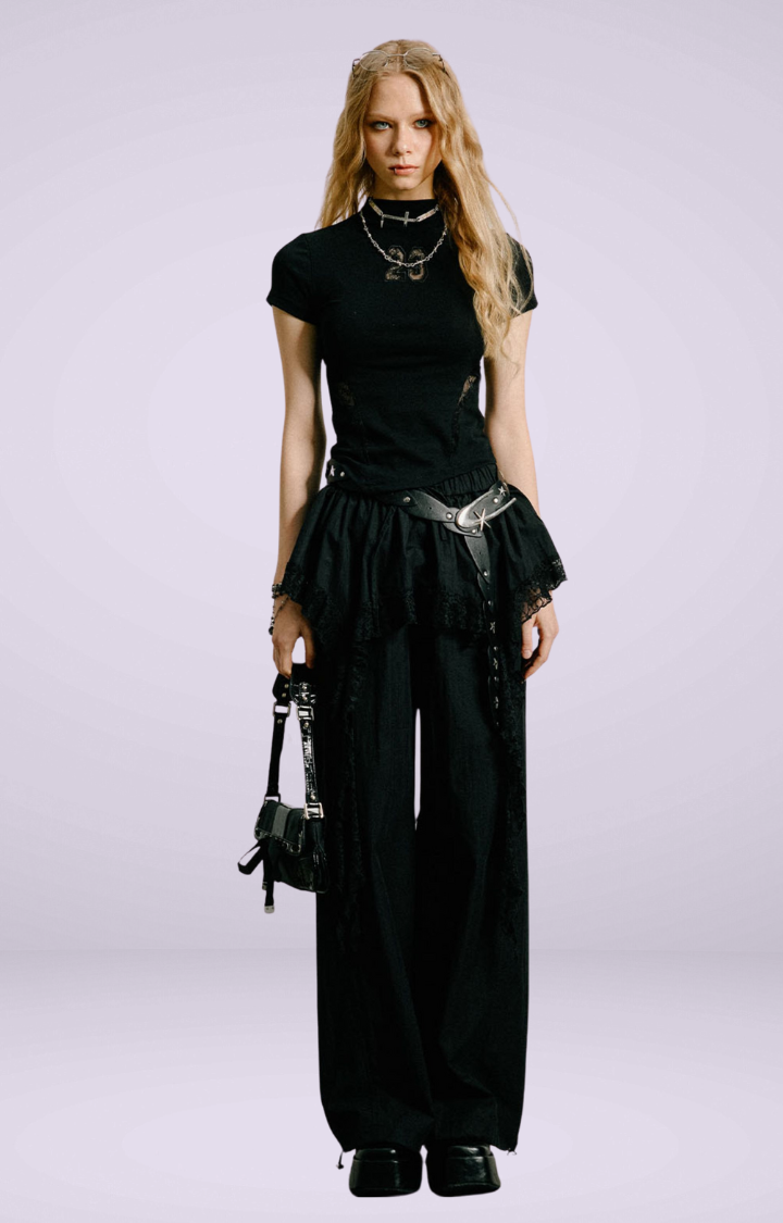 LACE TIERED SKIRT CARGO PANTS IN GOTHIC REBEL LACE