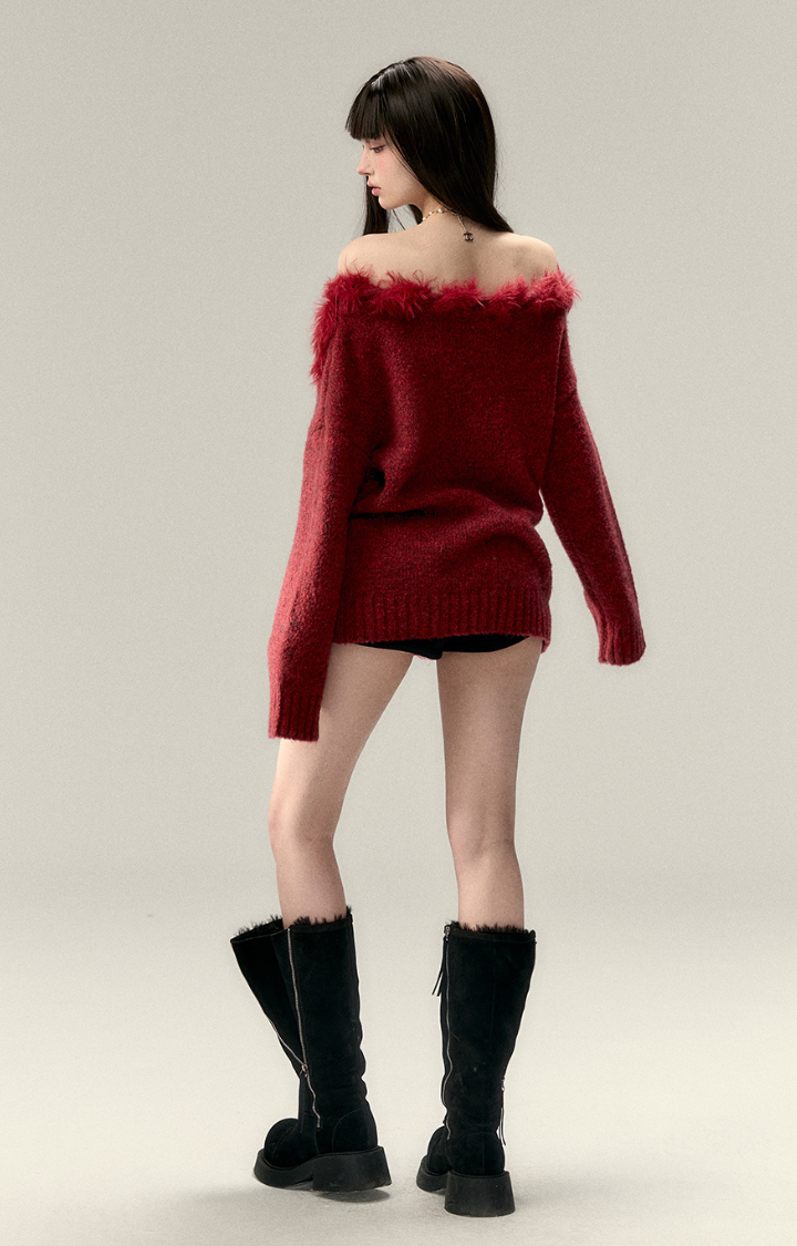 FUZZY TEMPTATION OFF-SHOULDER KNIT TOP IN  CRIMSON HEAT