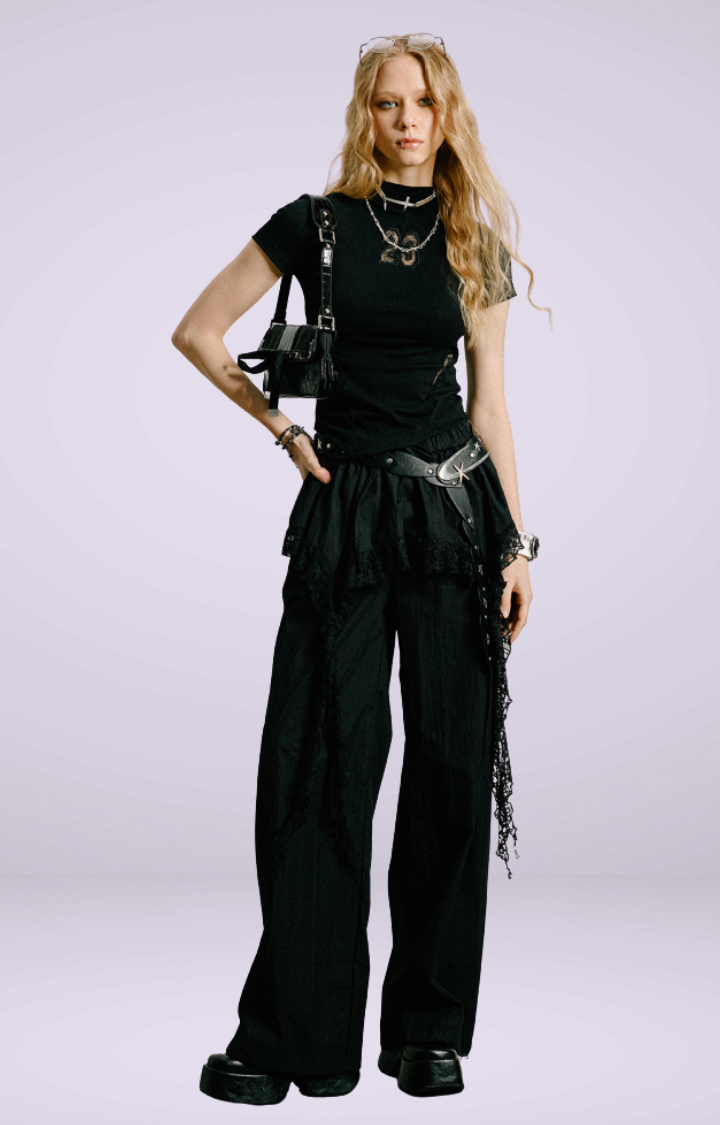 LACE TIERED SKIRT CARGO PANTS IN GOTHIC REBEL LACE