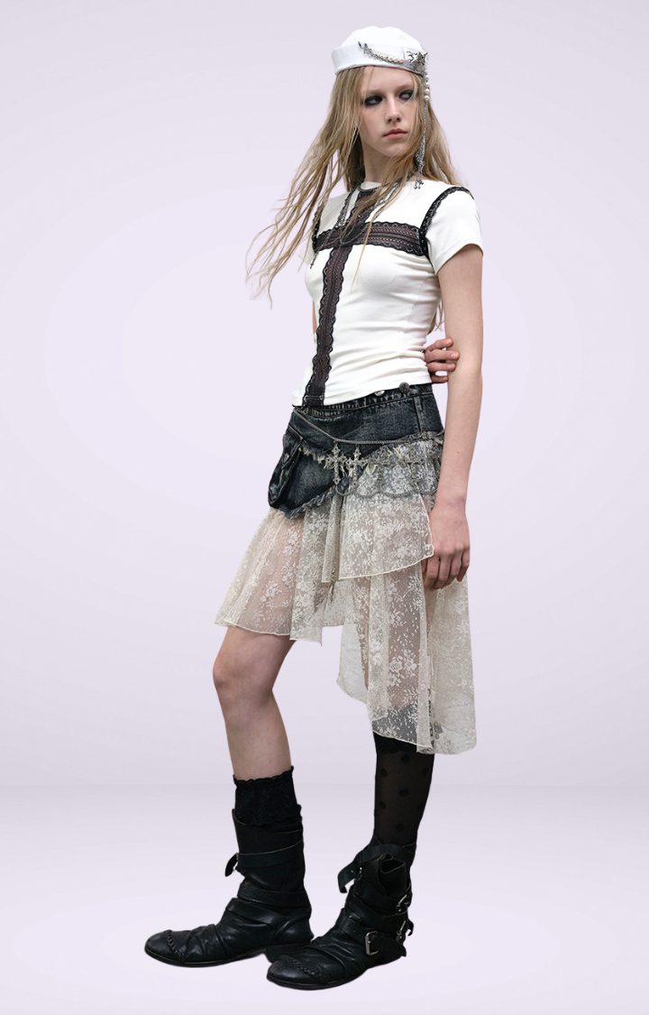 PATCHWORK LACE DISTRESSED DENIM SKIRT-PANTS IN DISTRESSED BLUE