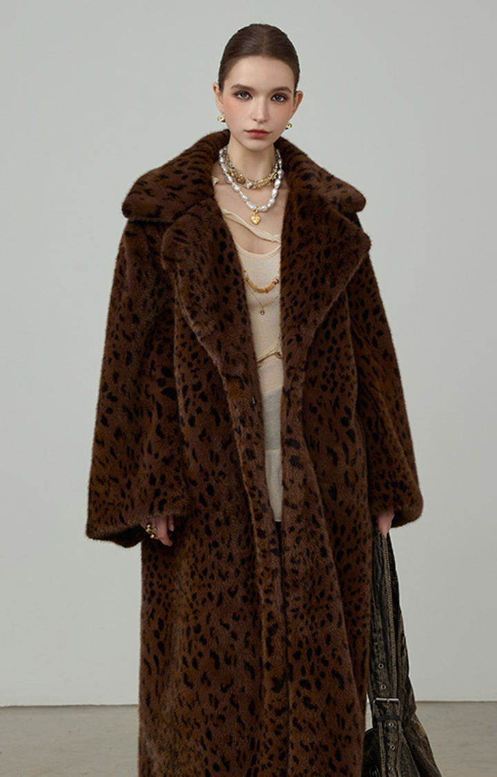 WILD GRACE LEOPARD FAUX FUR MAXI COAT IN BROWN LEOPARD