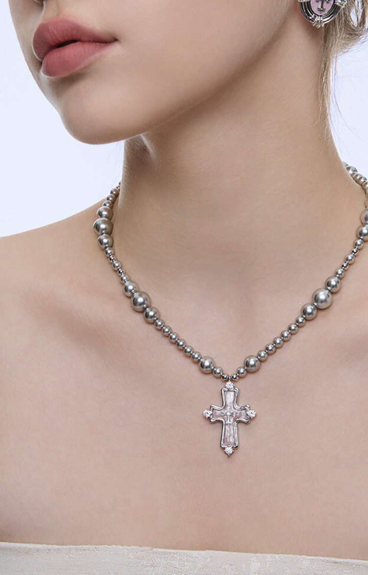 GRAY PRAYER ROSARY NECKLACE