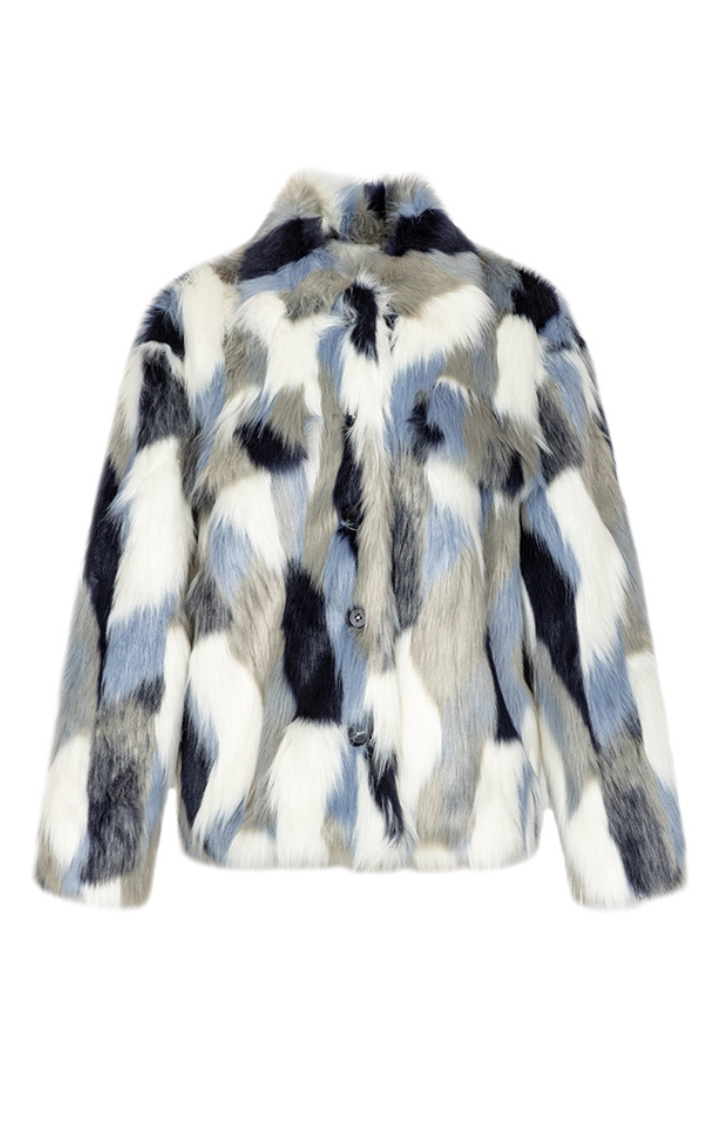 FROSTBITE MIRAGE FAUX FUR JACKET IN WHITE BLUE STORM