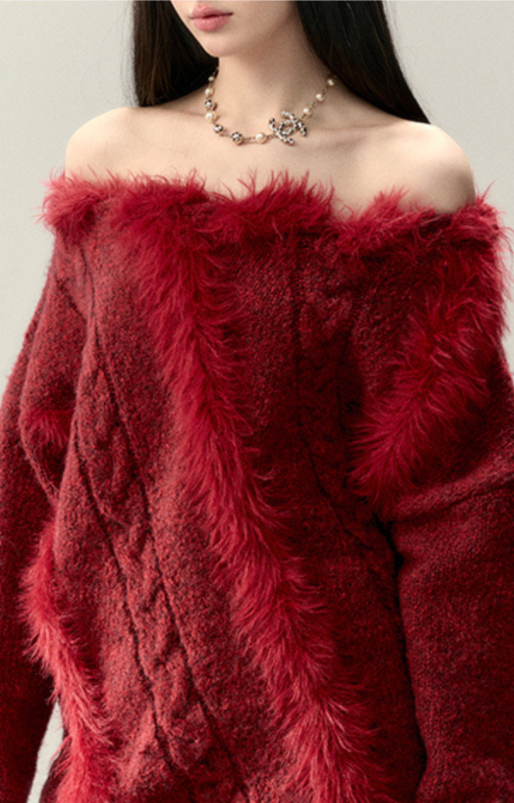 FUZZY TEMPTATION OFF-SHOULDER KNIT TOP IN  CRIMSON HEAT