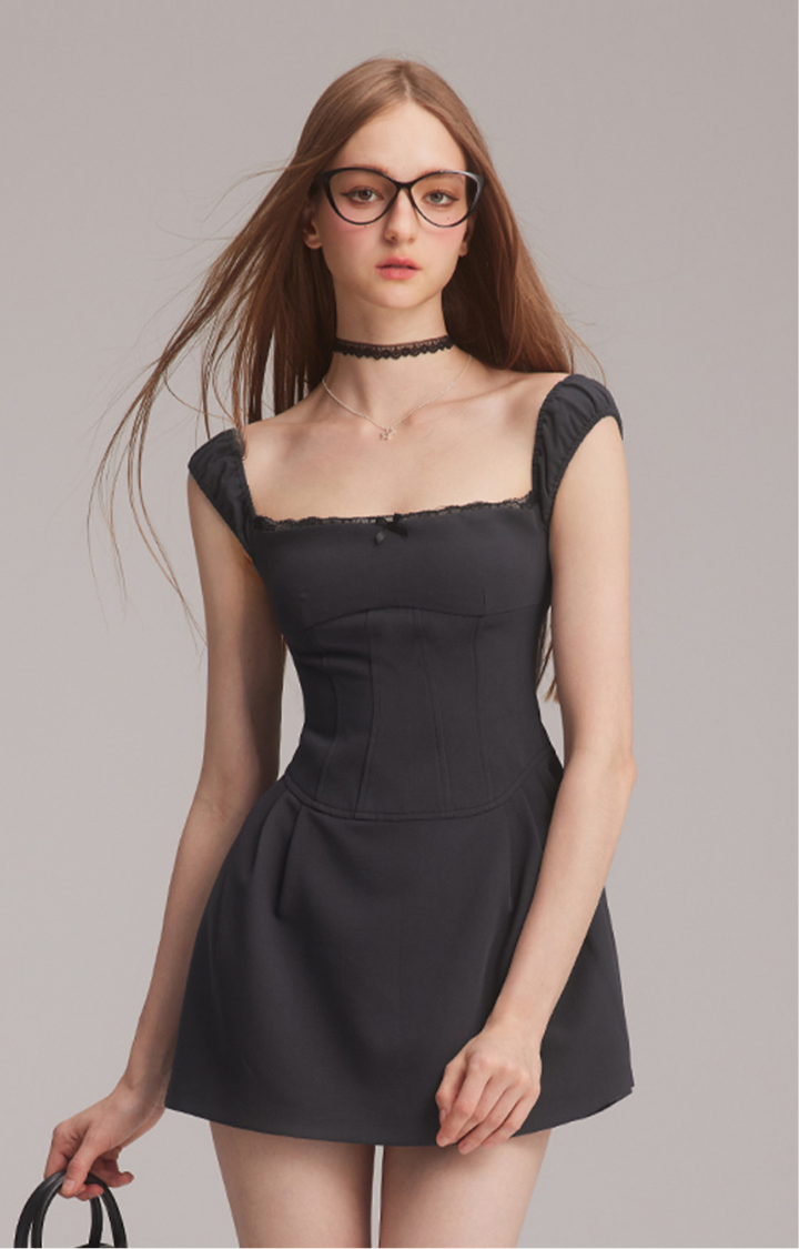 BRAT BABE POP-SQUARE MINI DRESS IN NIGHTFALL GRAY