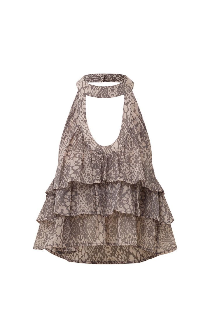 SNAKE PATTERN LAYERED RUFFLE CROP TOP