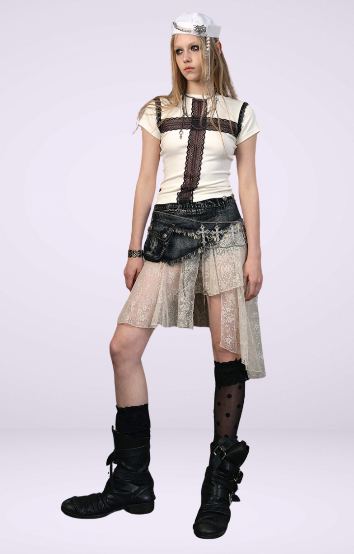 PATCHWORK LACE DISTRESSED DENIM SKIRT-PANTS IN DISTRESSED BLUE