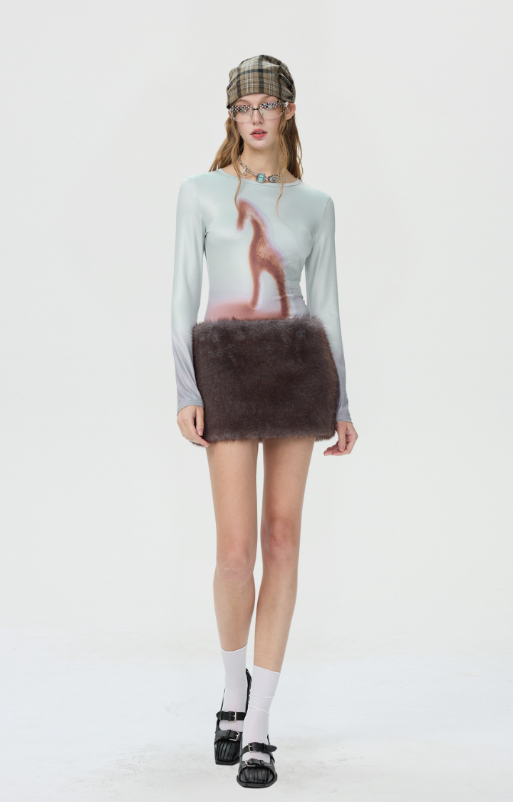 FAUX-FUR LOW-RISE MINI SKIRT IN FROST-GRAY VELVET