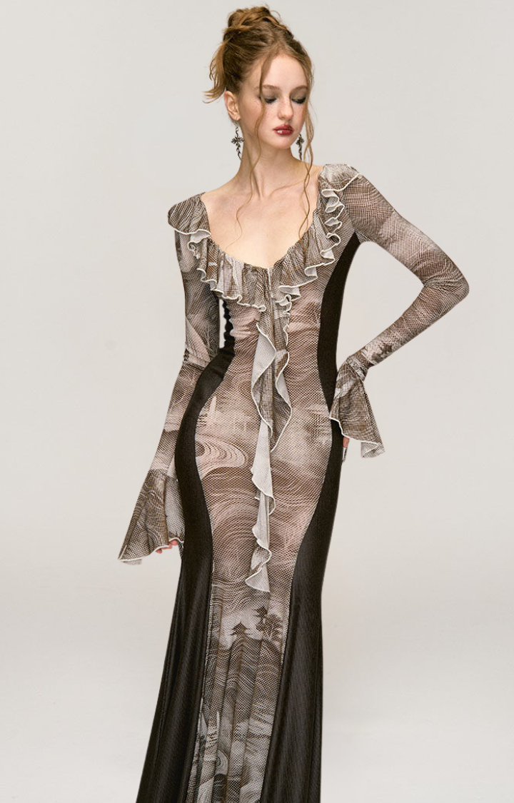 VENOM VEIL RUFFLE MAXI DRESS