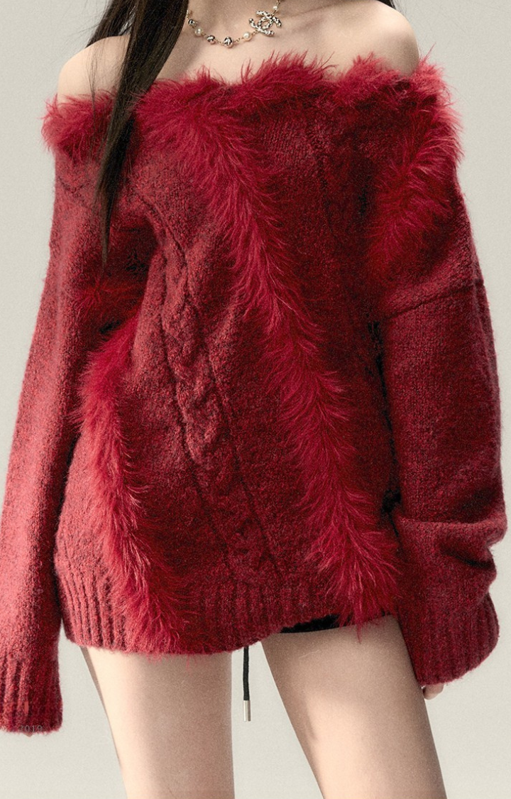 FUZZY TEMPTATION OFF-SHOULDER KNIT TOP IN  CRIMSON HEAT