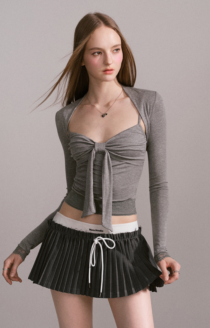 BOW RUCHED CAMI SET IN MOONSTONE GREY(2 PIECE)