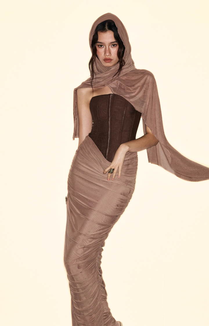 GHOST TIES SOFT RUCHED MESH 2-PIECE LOOK DRESS - CANYON DRIP