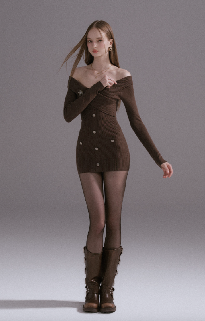 BITTER MUSE OFF-SHOULDER KNIT MINI DRESS
