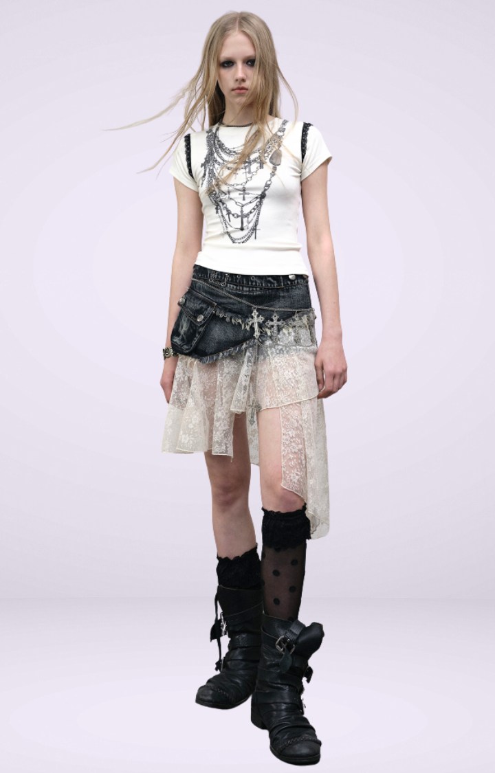PATCHWORK LACE DISTRESSED DENIM SKIRT-PANTS IN DISTRESSED BLUE
