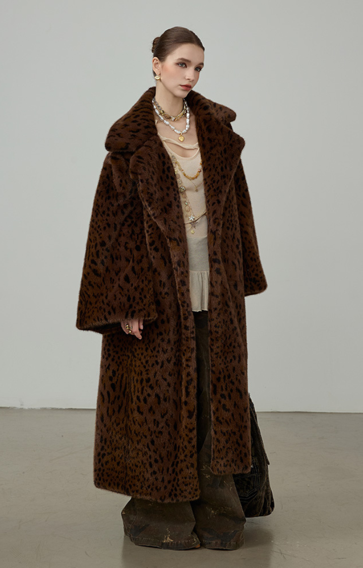 WILD GRACE LEOPARD FAUX FUR MAXI COAT IN BROWN LEOPARD