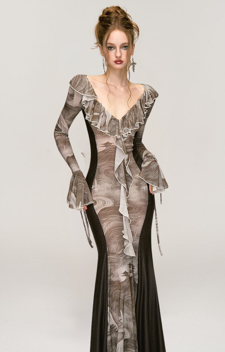 VENOM VEIL RUFFLE MAXI DRESS